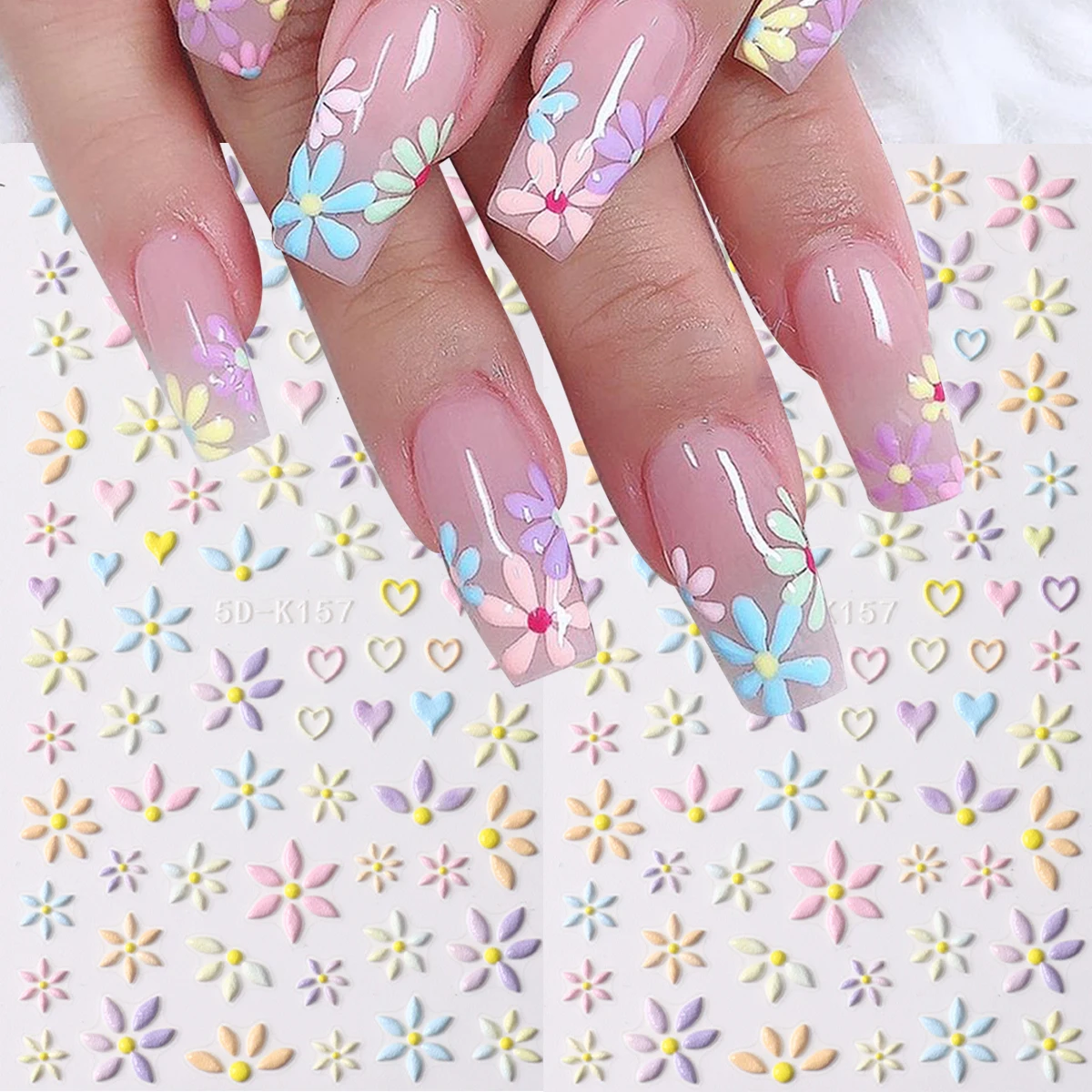 Gänseblümchen 5D Geprägte Nagelaufkleber Bunte Frühlings-Blumen Nagelkunst-Abziehbilder Sonnenblumen Liebesherzen Selbstklebende Slider-Aufkleber