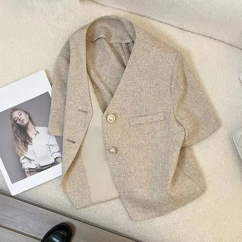 Fashion Light Coffee Short Sleeve Thin Suit Jacket Women 2025 Summer New Temperament Short Jacket Casual Ladies Blazer Tops