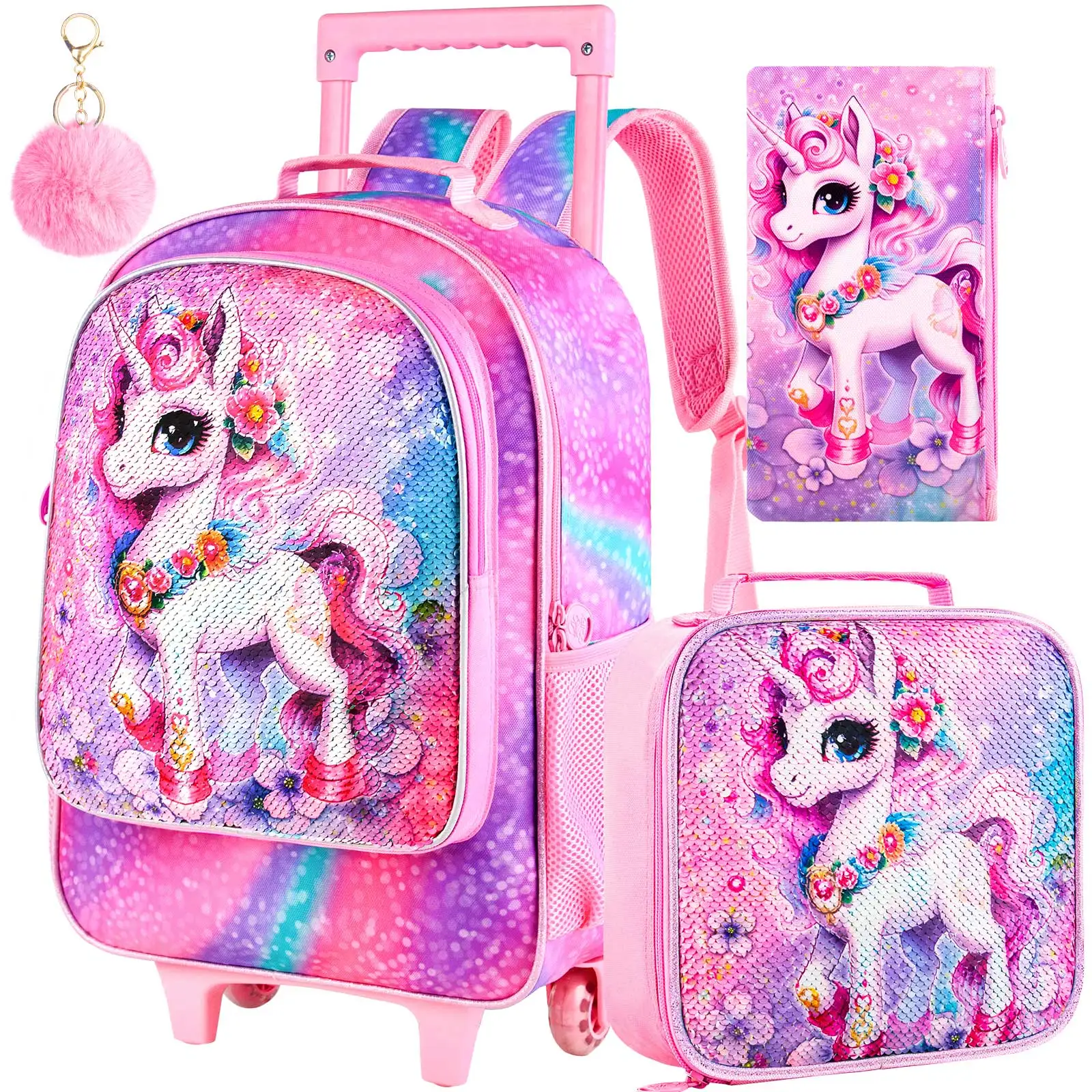 

Рюкзак на колесиках для девочек, детская школьная сумка на роликах с блестками и сумкой для обеда, сумка для книг на колесиках с блестками для детей - розовый единорог