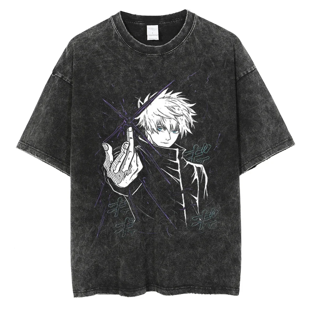 

Summer men's Japanese anime Harajuku Jujutsu Kaisen Satoru Gojo pattern printed T-shirt, retro casual loose 100% pure cotton top
