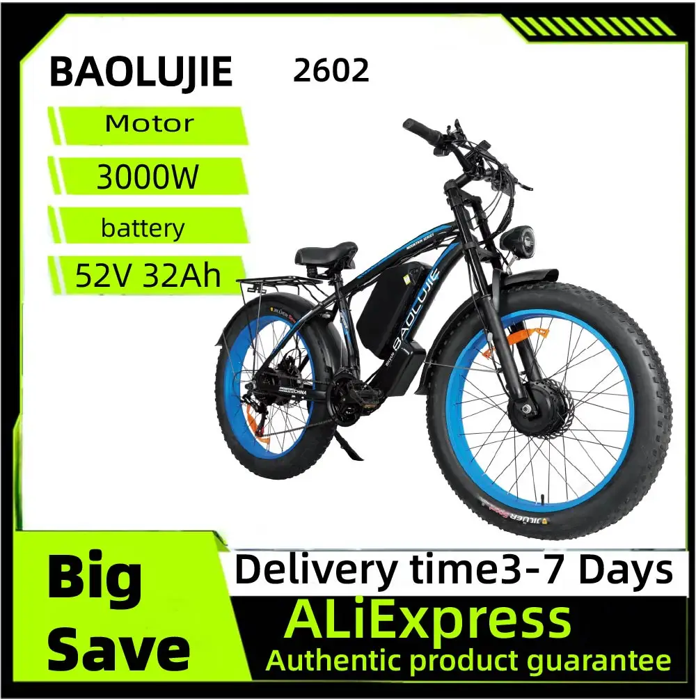 

BAOLUJIE 2602 Electric Bicycle 3000W Motor 52V32Ah Battery City Commuter Electric Bike 26Inch Tireall Terrain E-bike