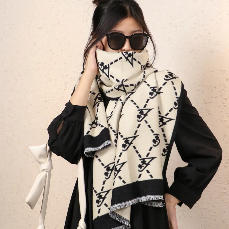 

2022autumn and winter new cashmere like geometric pattern women's scarf double-sided cashmere thickene dwarm and long with shawl