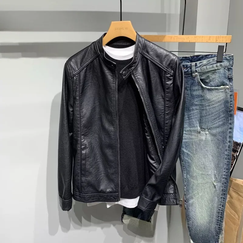 

Motorcycle Leather Men's Coat Men Spring and Autumn New Korean Version of The Trend Slim Handsome Stand-up Collar Leather Jacket