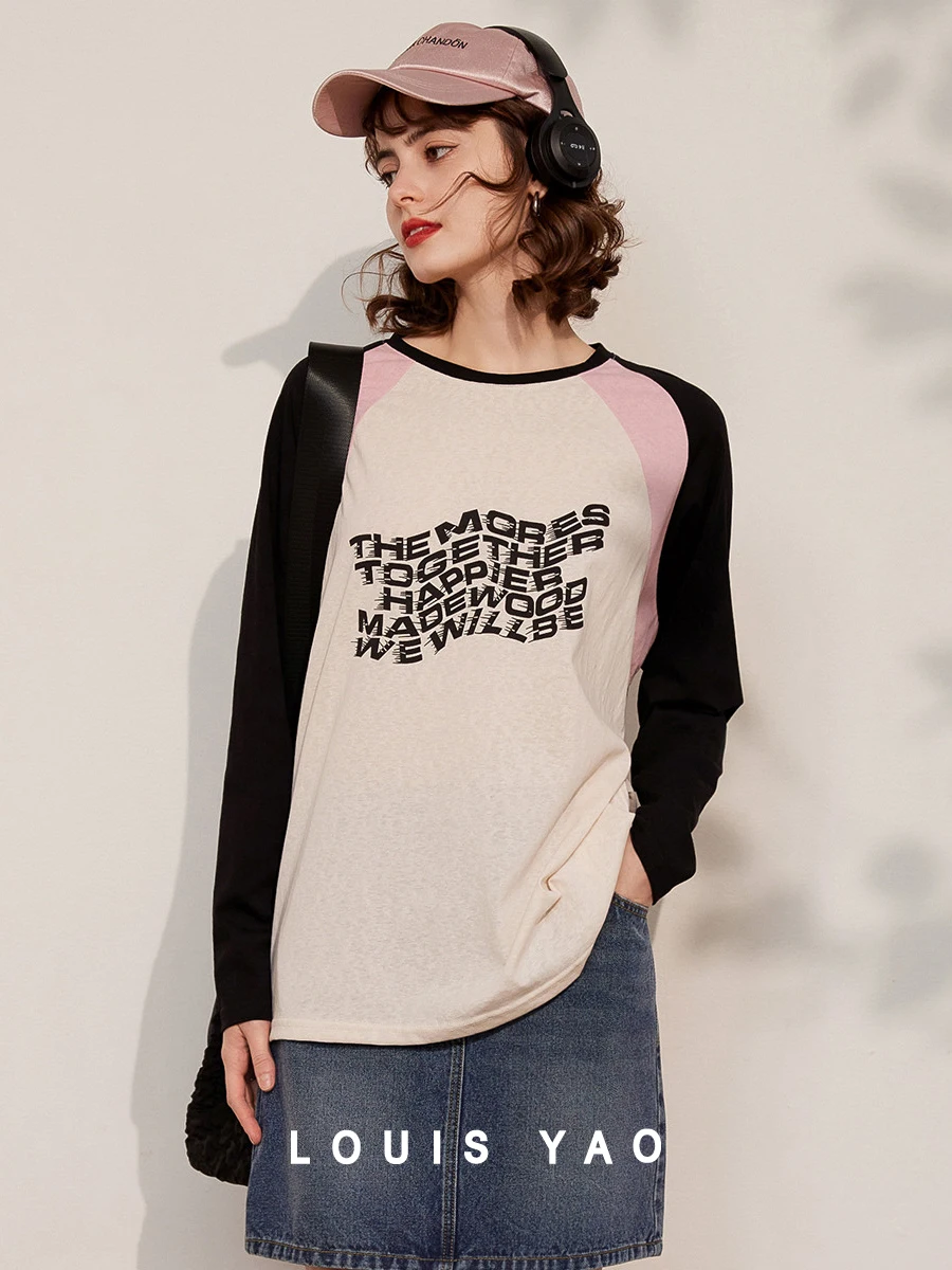 LOUIS YAO Women T-shirt 2024 Spring Round Neck Long Sleeve Print Letters Fashionable Casual Loose Fit Contrast Color Top