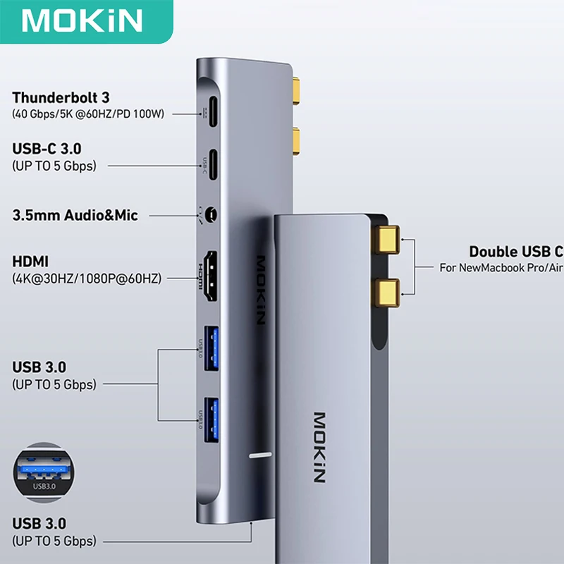 Imagem -03 - Adaptador Mokn-usb c para Macbook Pro 4k Hdmi 60hz Usb c 3.0 sd tf pd 100w Thunderbolt Hub Video Acessórios para Computador