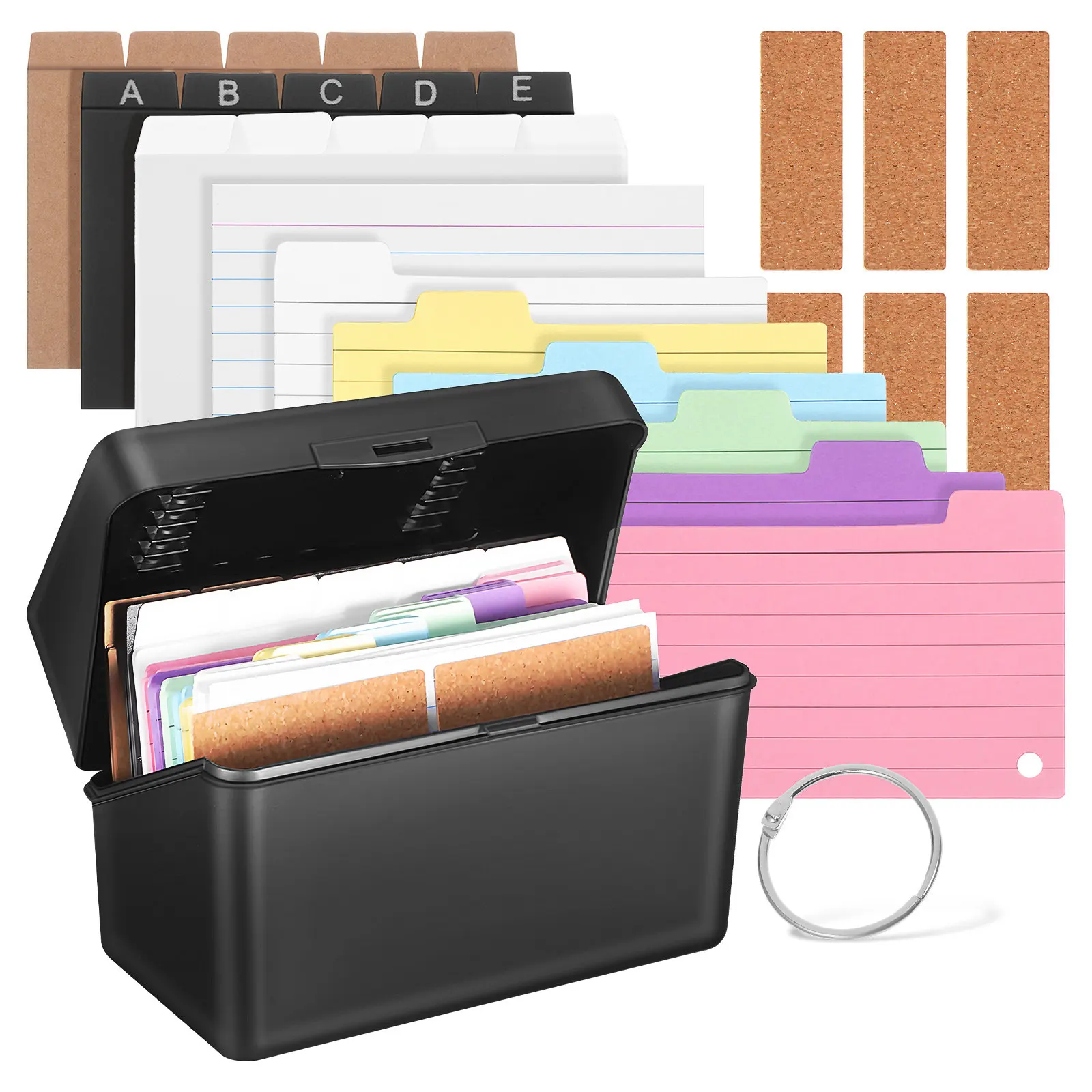 1Set Desktop Card Holder Box with Dividers Index Card Organizer Case Pre-Punched Lined Flashcards for Studying Office Home