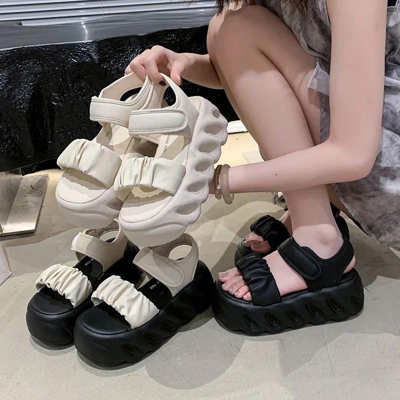 Sandalias De Mujer con suela De plataforma y Velcro, punta redonda