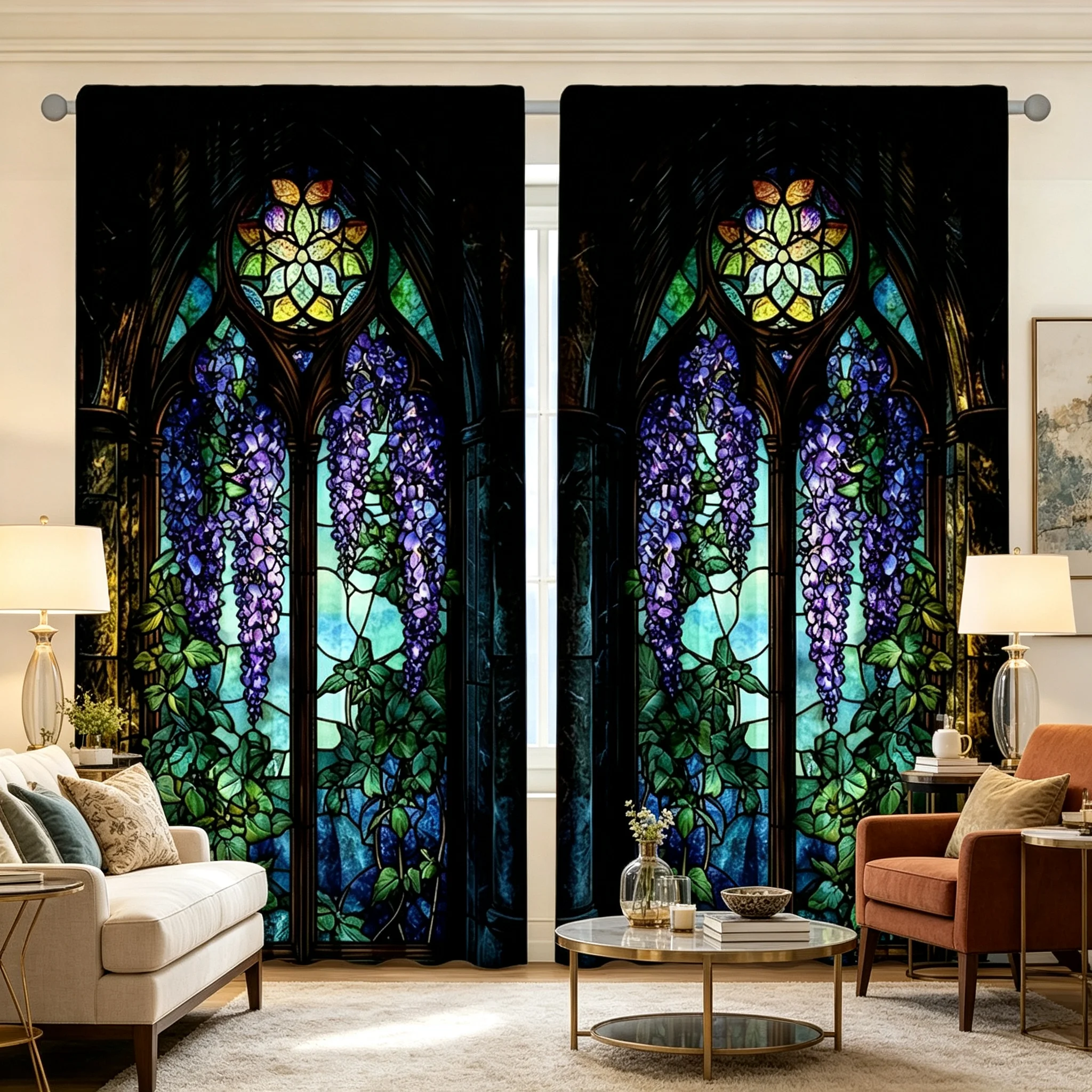 2-Piece Set Gothic Style Colorful Glass Curtains with Purple Vine And Green Leaves Semi-Transparent Privacy Modern Design Arch T