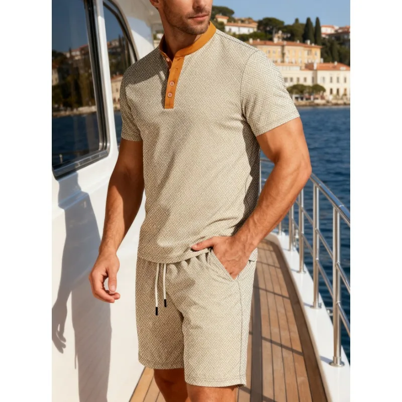 

Men's Textured Henley Collar Short Sleeve Top and Drawstring Shorts 2 Piece Casual Set