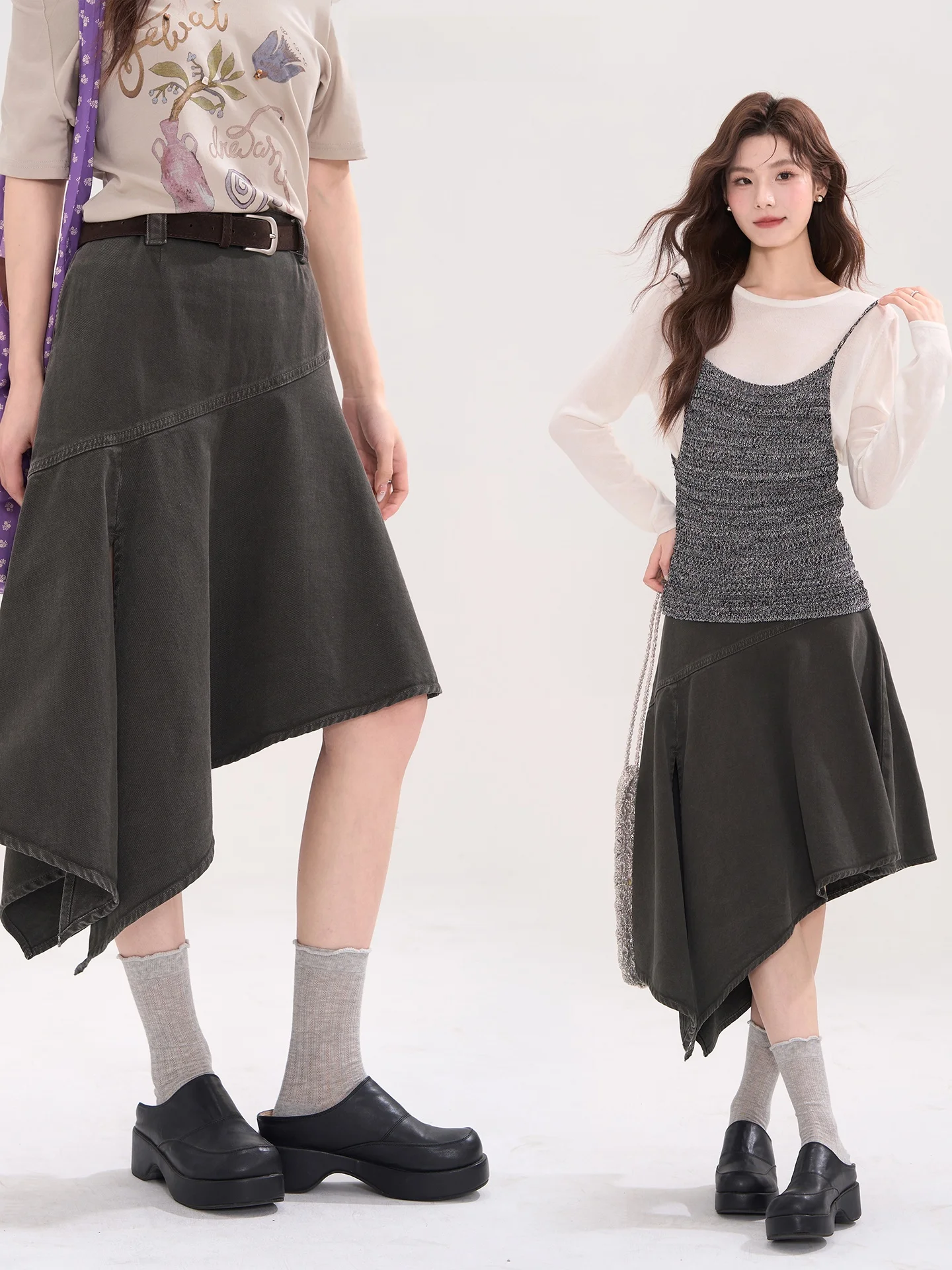 

Асимметричная джинсовая юбка А-силуэта с высокой талией для женщин, весна-лето, с асимметричным подолом, дизайн Heme