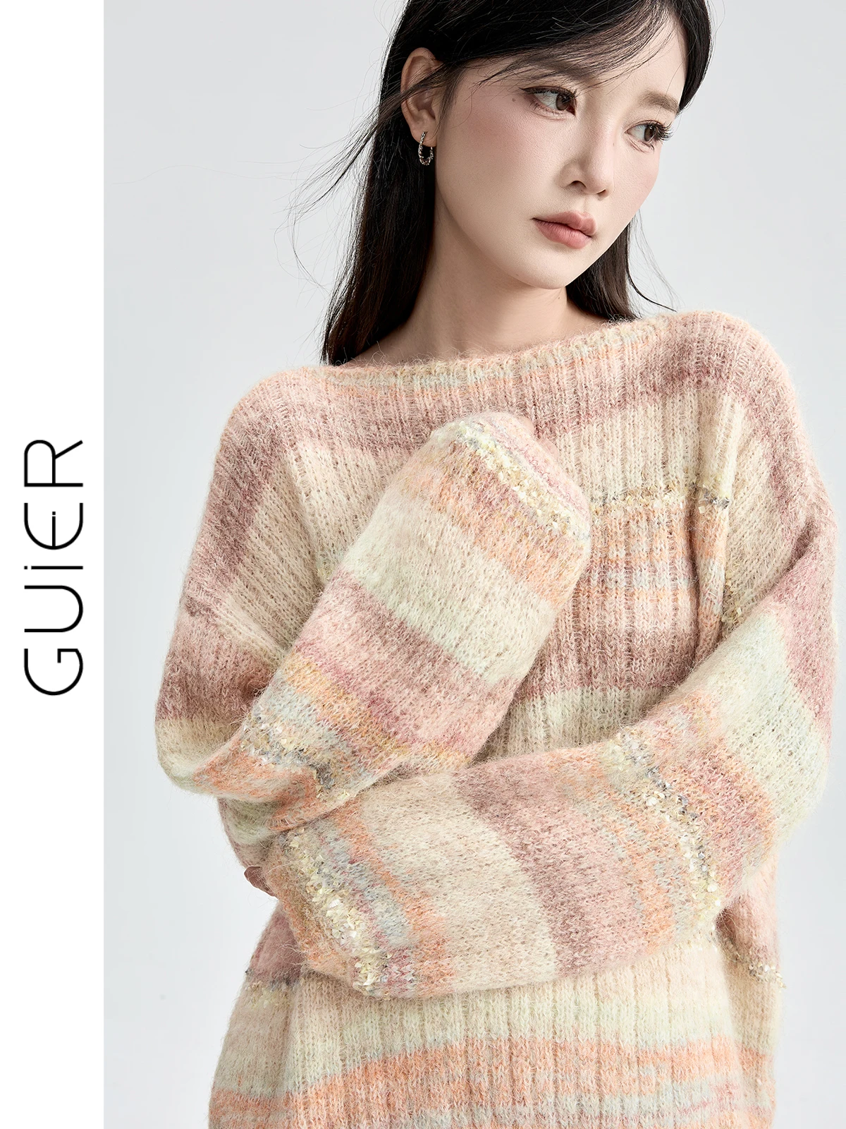 

Guier Color Blo Striped Knit Sweater Women's Loose Fit Autumn Winter New Vintage Lazy Versatile Knitted Top
