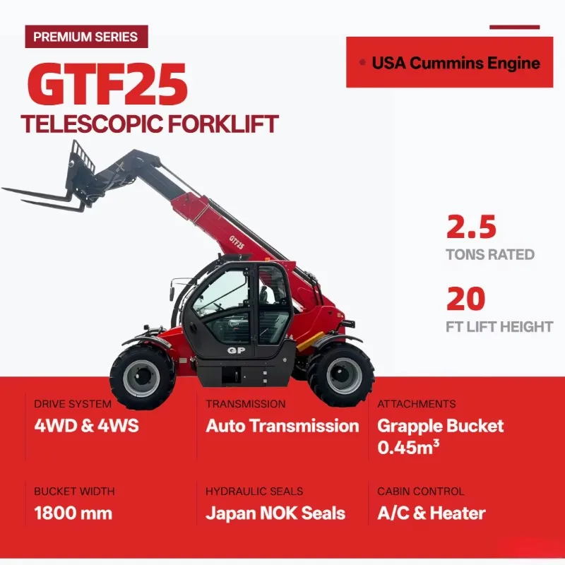 Customized GTF25 2.5T Telehandler Cummins Engine 4WD/4WS AC Cabin Grapple Bucket 20ft Lift