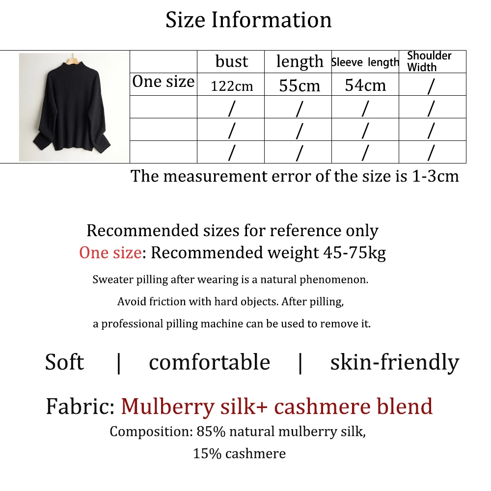 Women's Autumn New Thickened Solid 85% Natural Mulberry Silk 15% Cashmere Semi High Neck Long Sleeved Knitted Pullover Sweater
