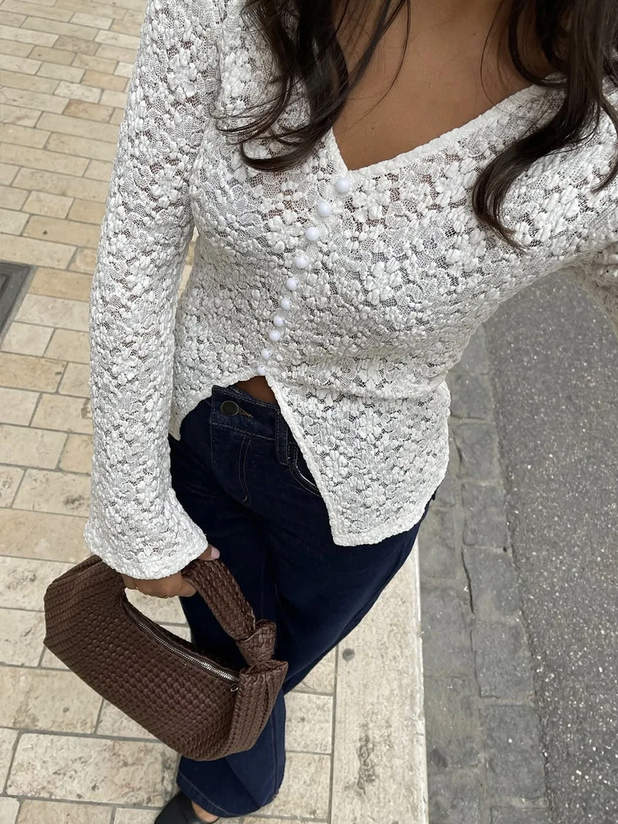 

White Hollow Out Basic Tees Fashion 2025 V Neck Women Floral Jacquard Long Sleeve T Shirt Elegant Office Lady Lace Shirt Top