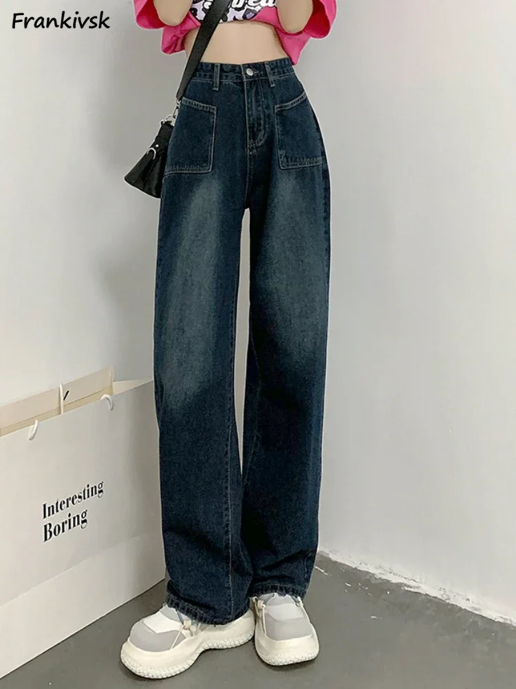 Wide Leg Jeans Women Daily Loose Simple All-match Korean Style Washed Bleached Vintage Ankle Length Streetwear Elegant Retro