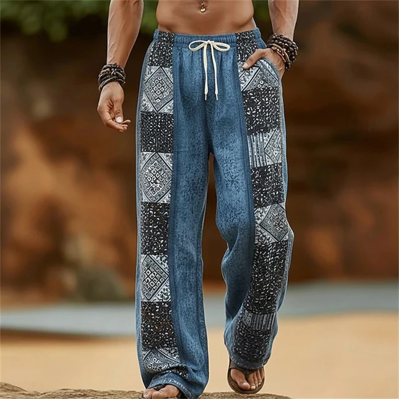 Men's 3D Geometric Color-Block Ethnic-Style Wide-Leg Pants Bohemian Retro Casual Pants with Drawstring Spring Fall Style