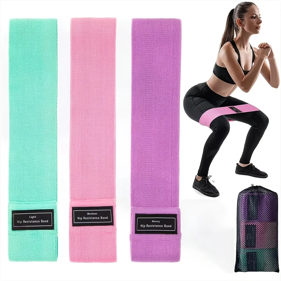 Fabric Resistance Bands 3 Pack Light Medium Heavy Anti-slip Hip Booty Bands for Squats Glute Yoga Fitness with Carry Mesh Bag