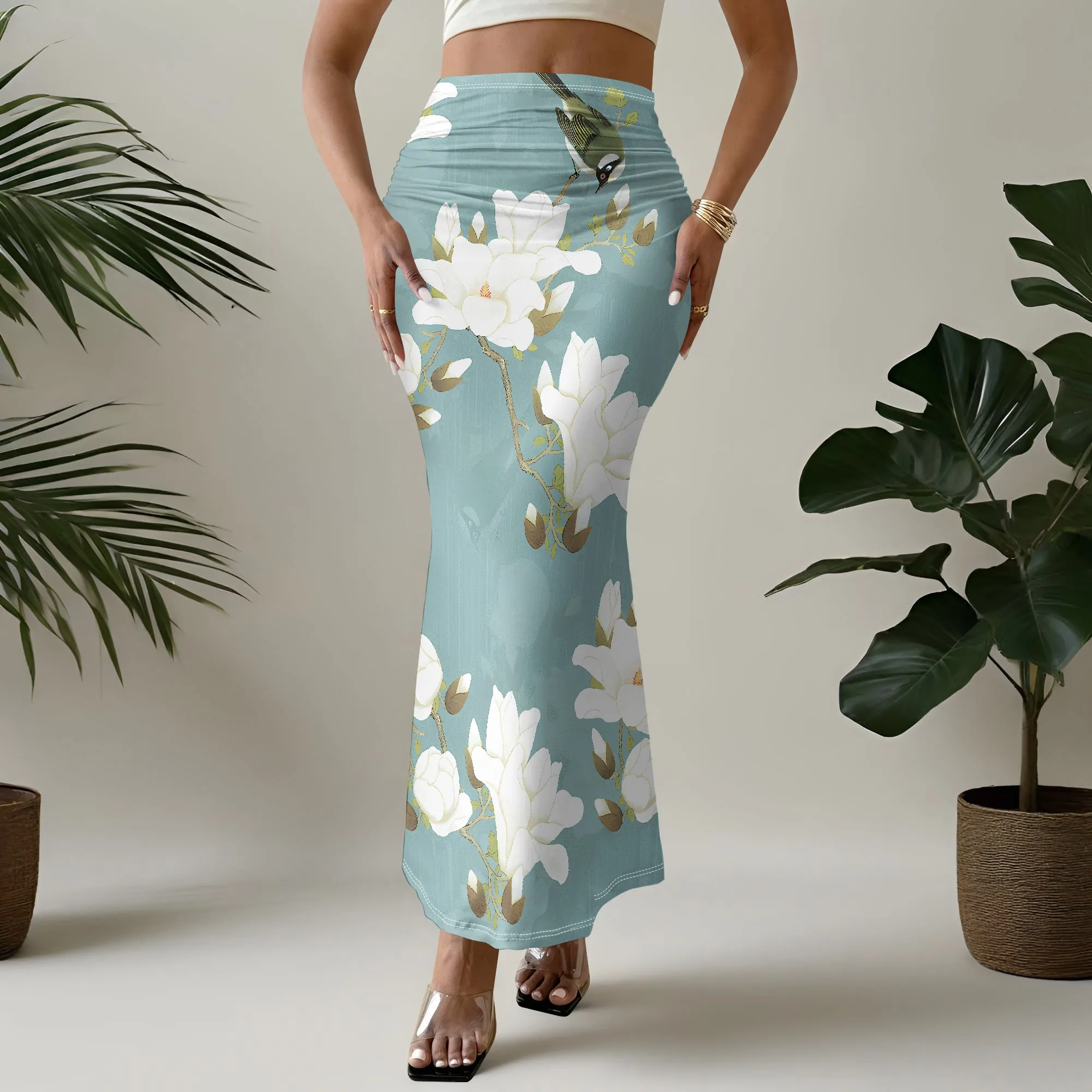 Floral Mermaid Skirt, White Flower Print Midi Skirt, High Waist Ruched Skirt, Summer Beach Party Wear for Women, S-2XL