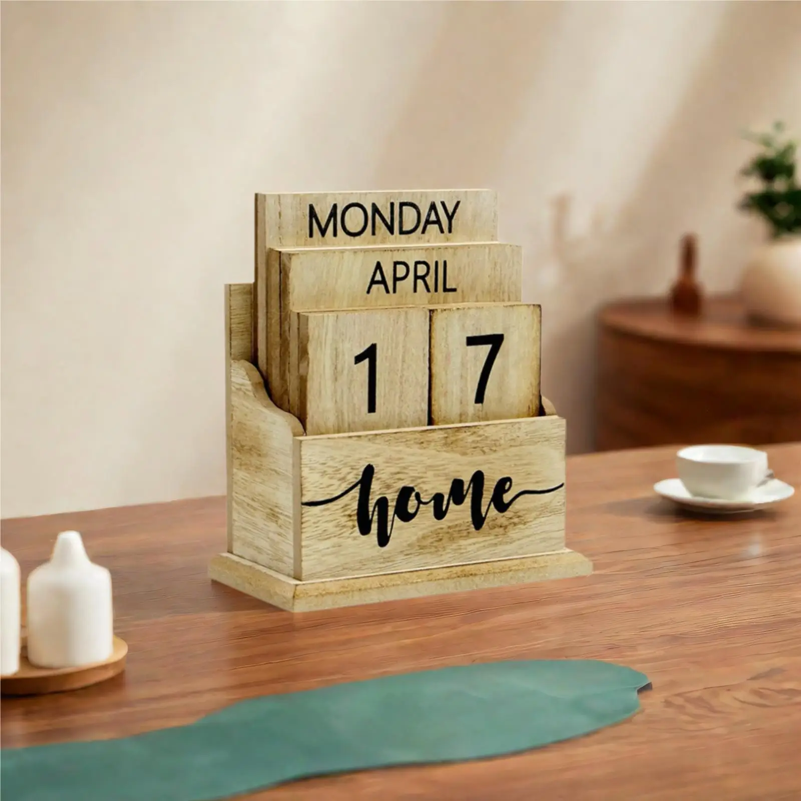 Perpetual Calendar Tabletop Rustic Farmhouse Aesthetic Office Wood Block Calendar Desk for Club Living Room Dorm Bedroom School