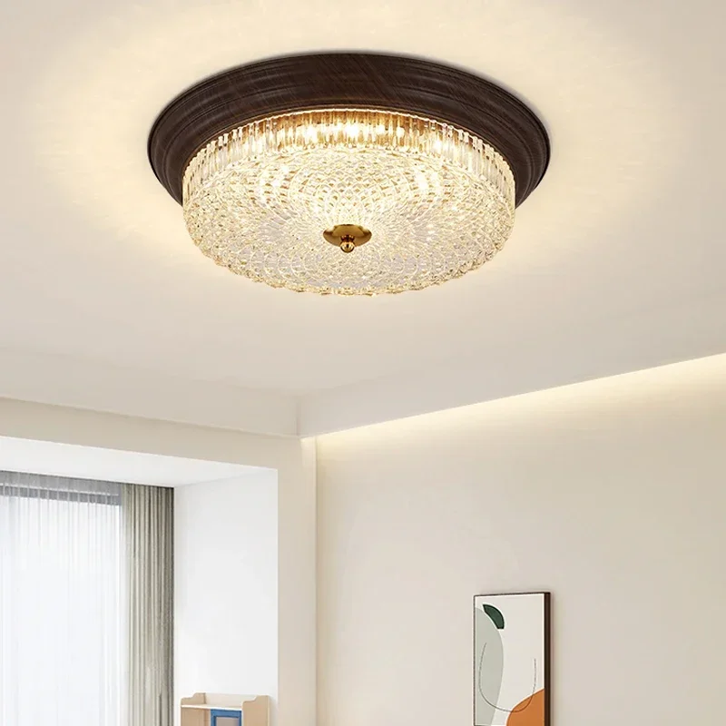 TechHPModern LED Ceiling Light Circular Retro Wood Grain Walnut Decorative Light Bedroom Corridor
