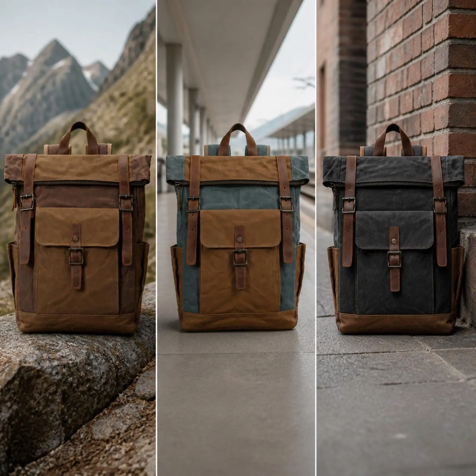 Vintage Rucksack for Travel Waxed Canvas Backpack with Leather Buckle Closure Fits 15 Inch Laptop