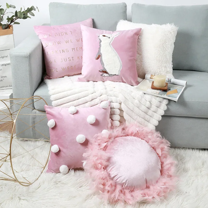 Pink Velvet Pillow Case Ins 3D Pattern Cute Fur Ball Sofa Pillow Korean Office Cushion Cover 45x45cm Princess Decoration