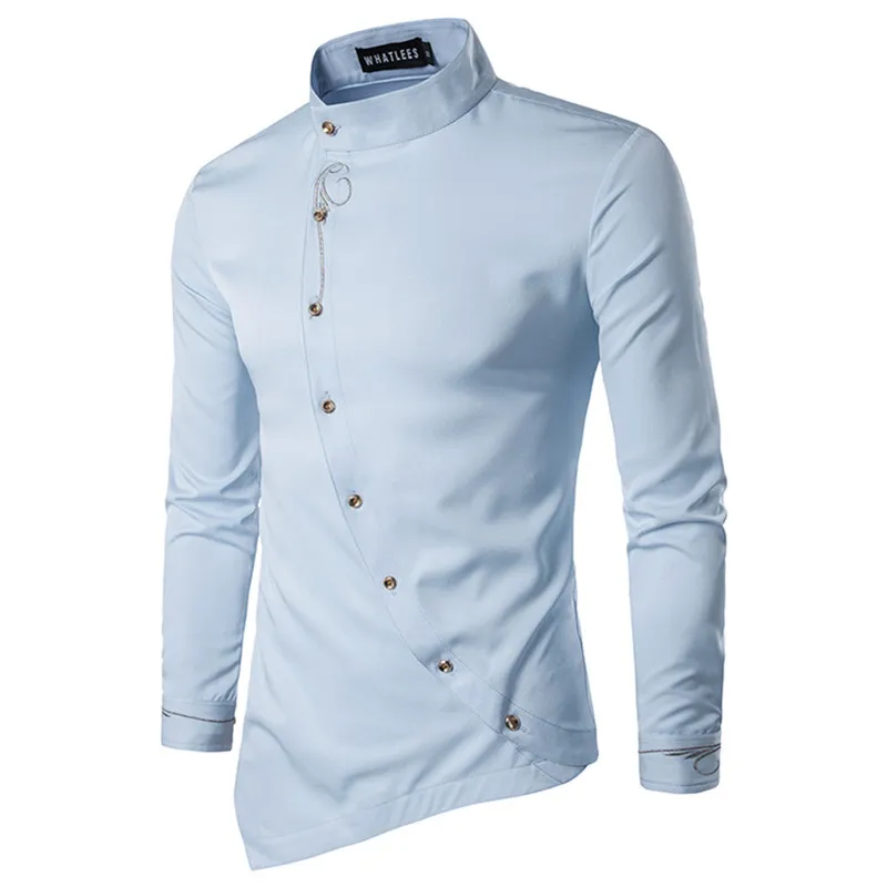 Fashion Mens Hipster Long Sleeve Embroidery Shirt Personality Oblique Button Irregular Casual Dress Shirt Men Tuxedo Shirts