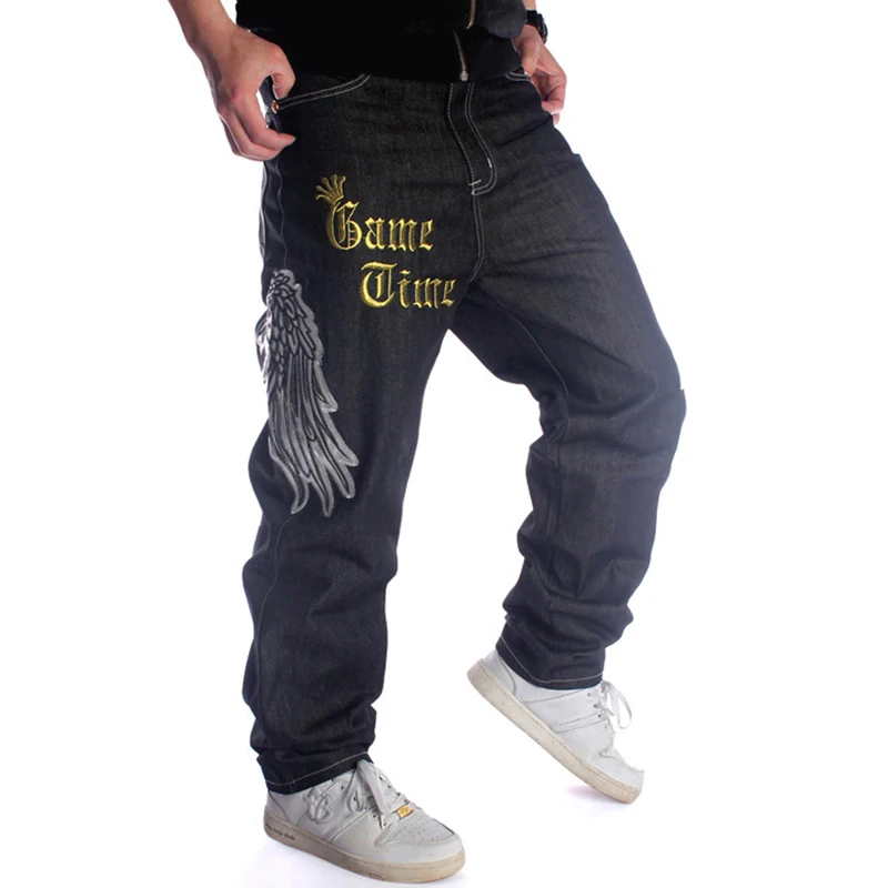 Men\'s hip hop jeans Plus size loose streetwear baggy denim pants Fashion letters hawk wings skull crown long trousers