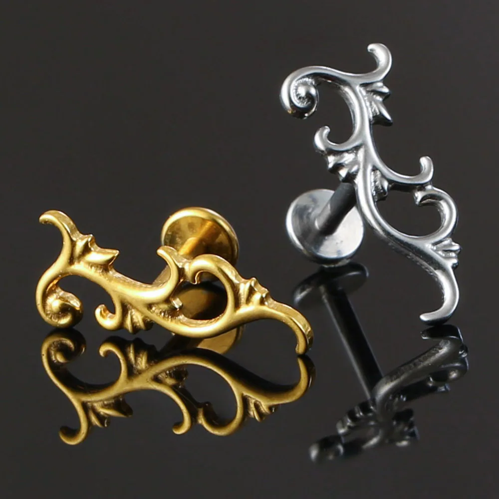 Giga 1Pcs ASTM F136 Titanium Baroque Scroll Vine Labret Stud Cartilage Earring Helix Flat Back Piercing Jewelry Vintage