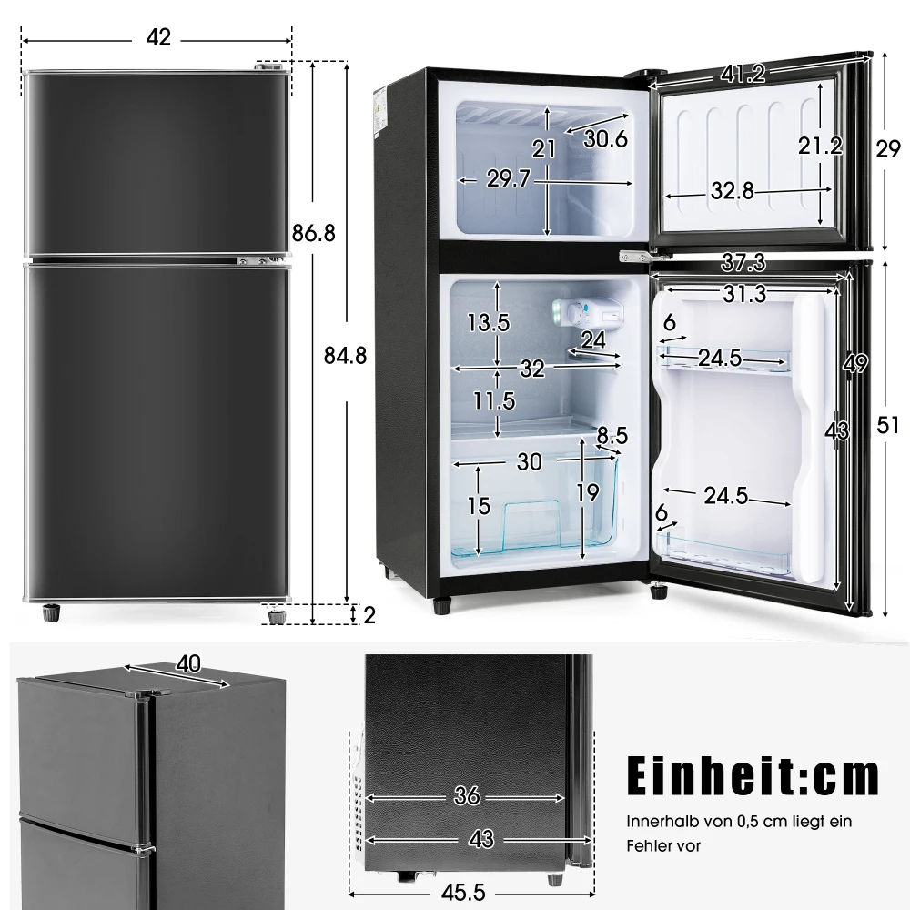 مزيج من التبريد مع 60 لترًا، الحجم الإجمالي 22 لترًا، حجم الفريزر، 38 لترًا، حجم التبريد، 102 كيلوواط ساعة/سنة، ليد