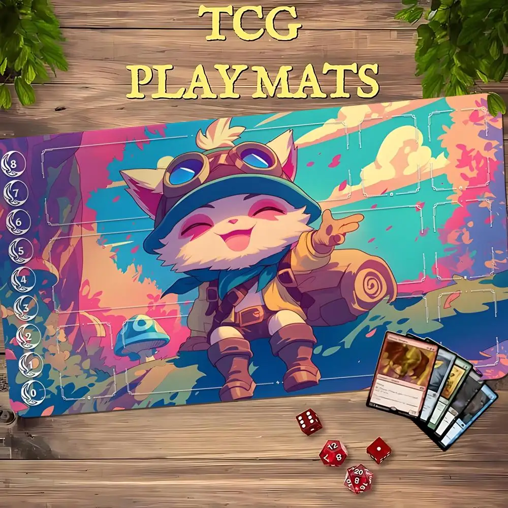 Cute Cat Adventurer TCG Playmat 35X60CM Magic Card Battle Mat Non-Slip Durable Stitched Edge Tabletop Playmat