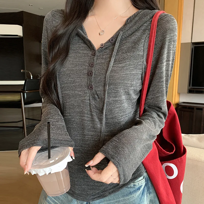 2026 Autumn Women's Casual Versatile T-shirt Button Knitted Hoodie