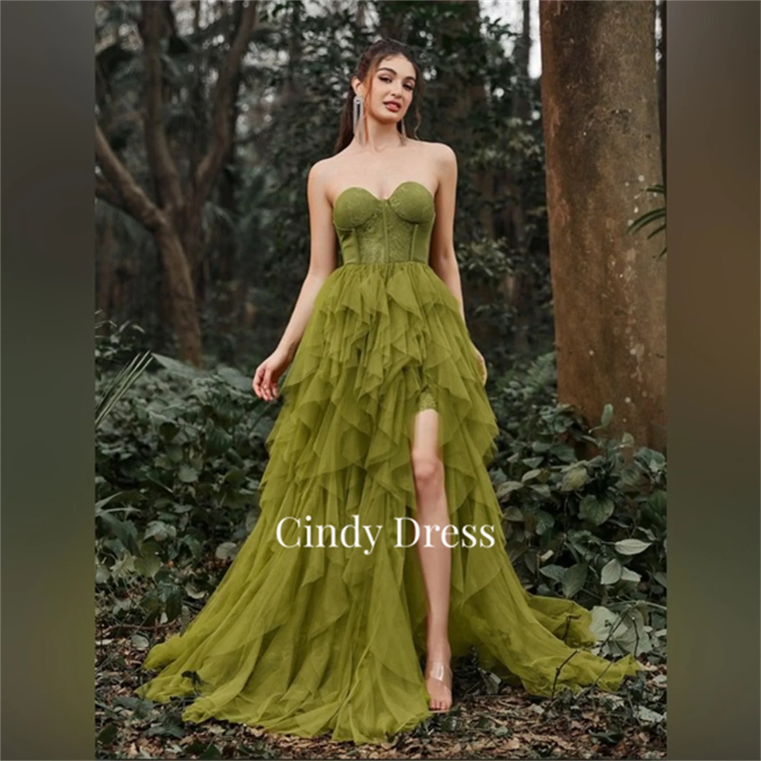 

Cindy Mesh Off the Shoulders Sweetheart Olive Green Multi-layer Wedding Party Dress Dresses for Special Occasions Evening Gala