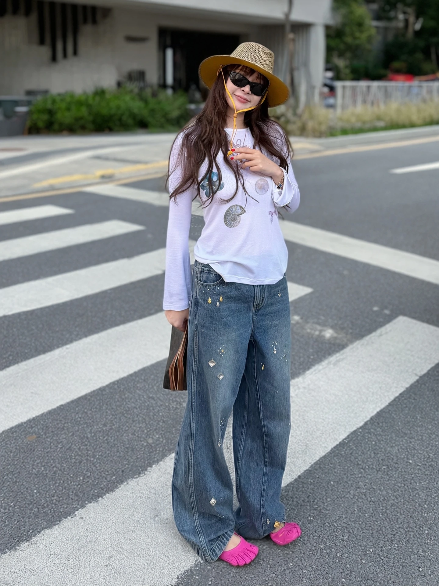 

Tingtings Handmade Metal Embellished Straight Leg Jeans Women's High Waist Distressed Loose Wide Leg Pants Trendy Brand