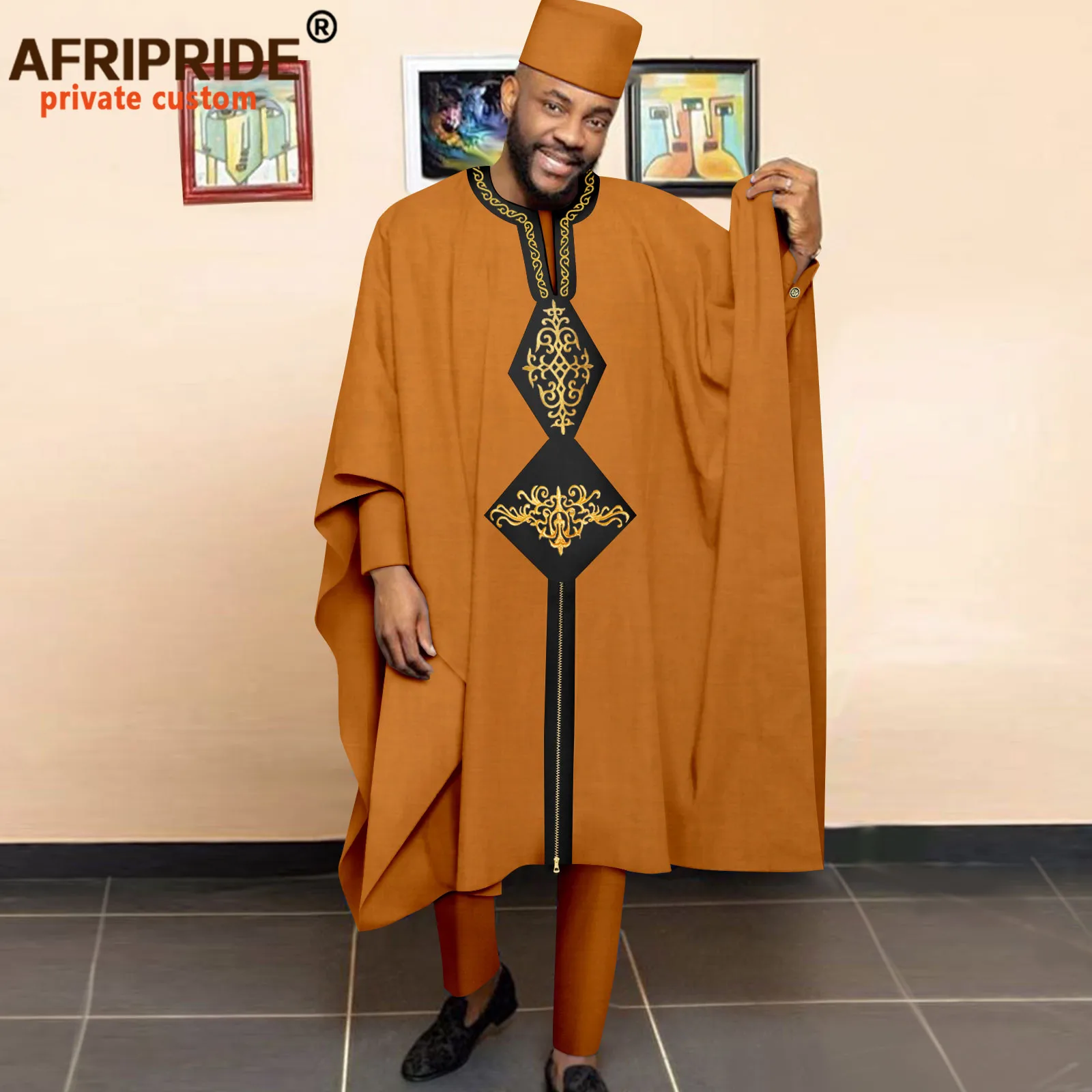 African Clothing for Men Embroidery Agbada Robes Shirts Pants and Hats 4 Piece Set Dashiki Outfits for Wedding Evening A2216053