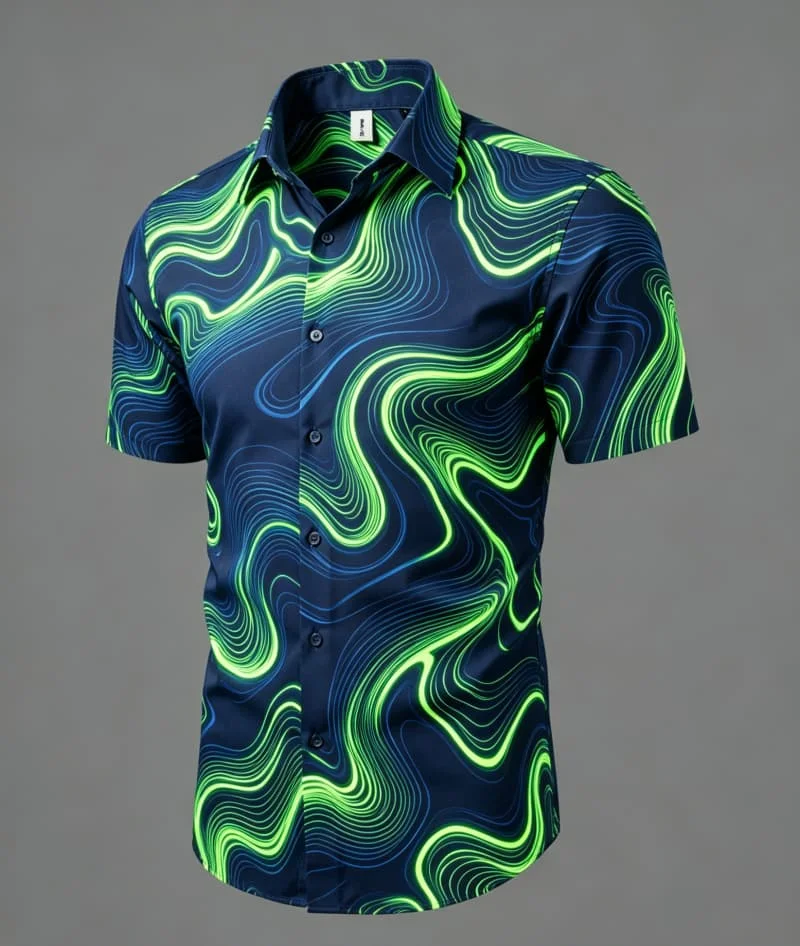 Men's fluid&abstract Line Printed Short Sleeved shirt, Clean And Artistic charm, Suitable For Personalized Street Wear