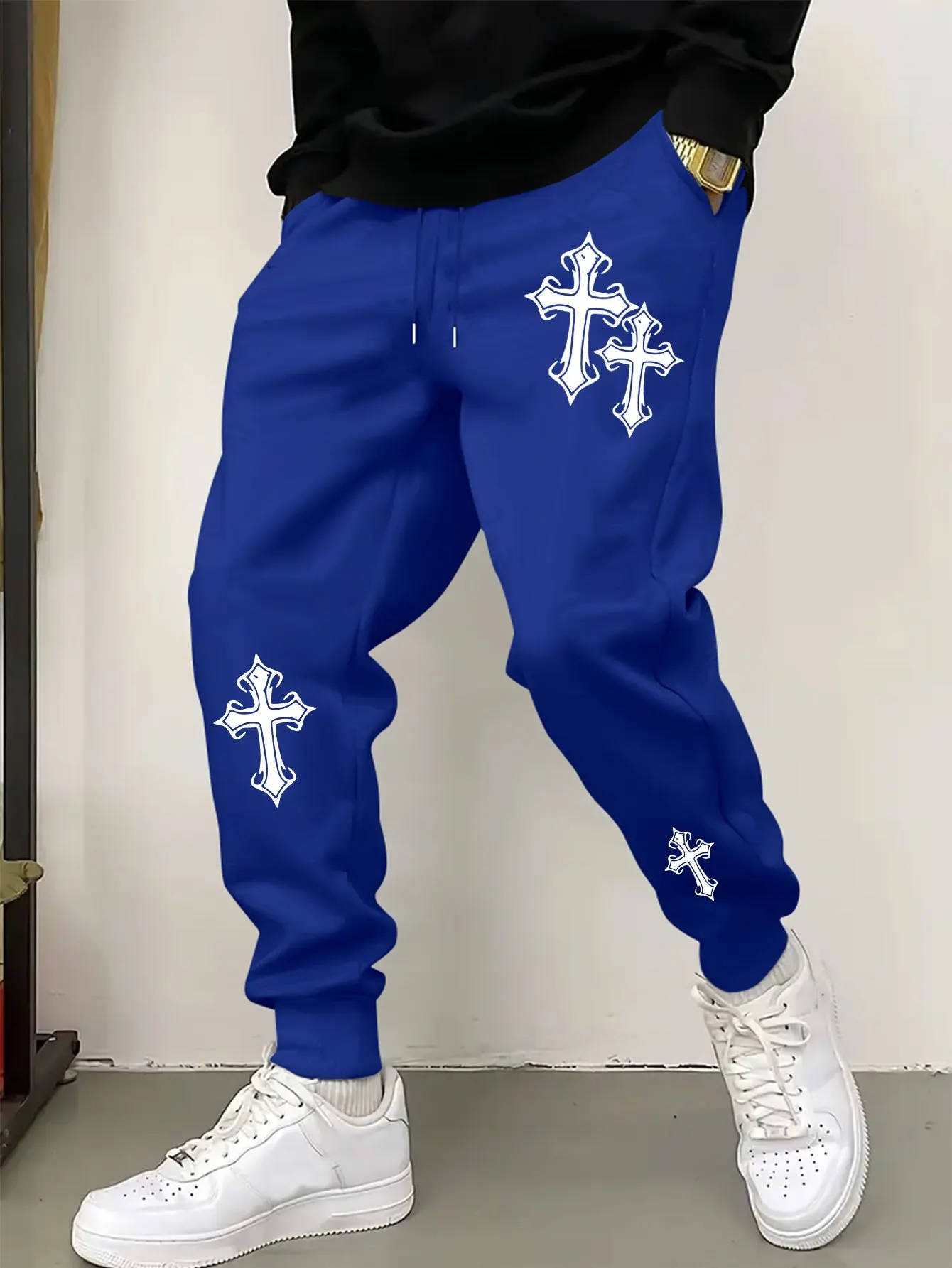 Punk‑Style Jogger Pants For Men With Multi Cross Prints, Deep Side Pockets, Elastic Cuffs Loose Sports Casual Pants