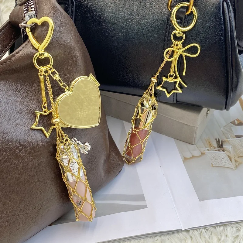 

Vintage Elegance Golden Stainless Steel Interchangeable Lipstick Mesh Bag Keychain Women's Charm Bag Accessories