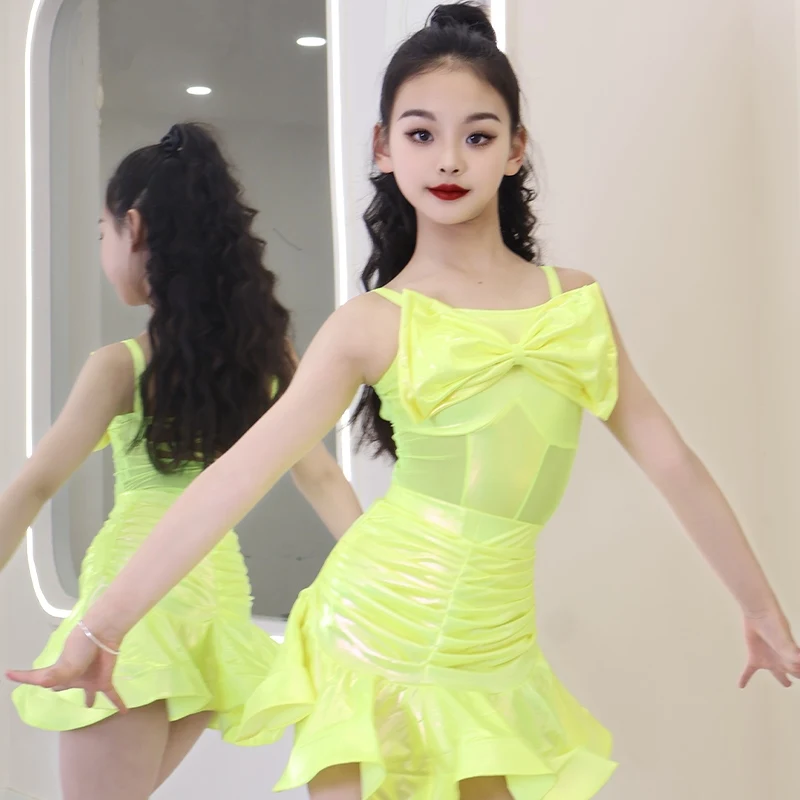 

Latin Dance Clothing Girls Samba Dancing Costume Kids Modern Line Dance Clothing Fluorescent Yellow Cha Cha Dance Suit XH2827