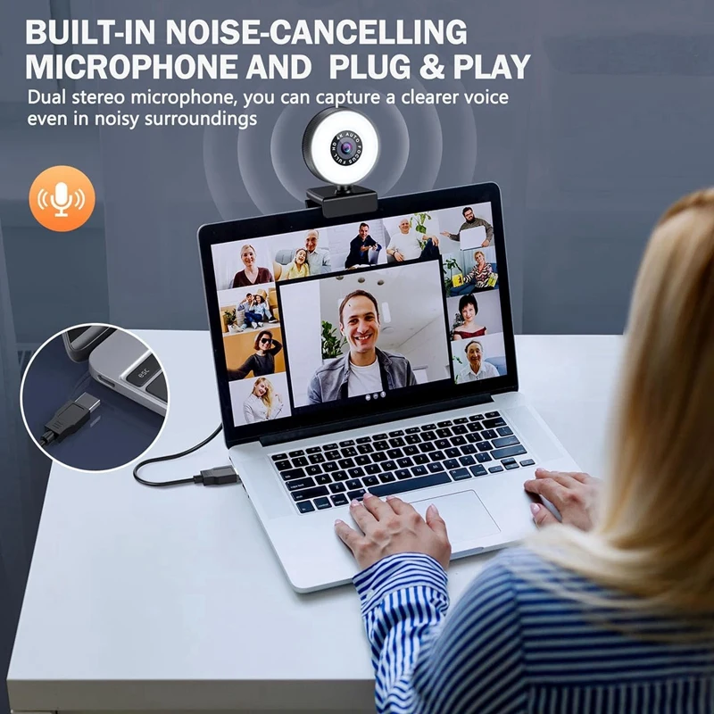 4K HD Autofocus Webcam With Microphone, Adjustable Light Computer Camera USB Webcam For Laptop Desktop Video Calling