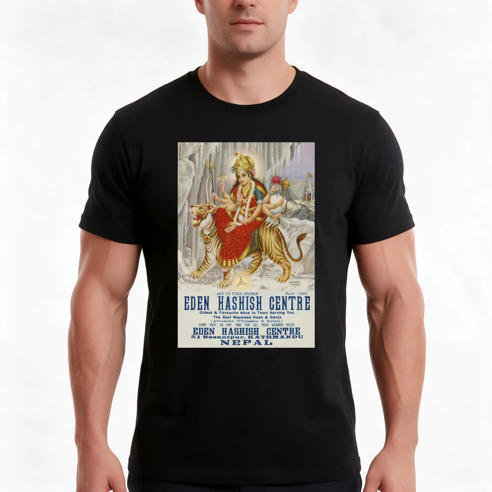 Rare Vintage Illustrated Psychedelic Poster From Nepal - EDEN HASHISH CENTRE (Goddess Vaishnavi) T-Shirt Vintage Graphic Print