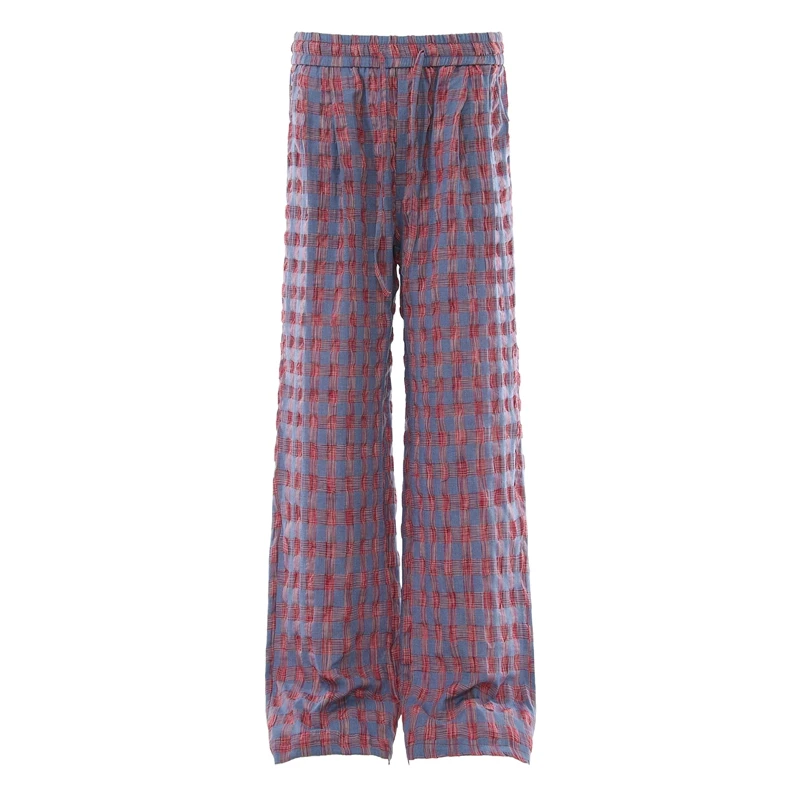 Kreppige, strukturierte, karierte Wide-Leg-Hose in Blau-Rot mit elastischem Bund, Lounge-Hose, Oversize-Vintage-Preppy-Freizeithose – Detail 2