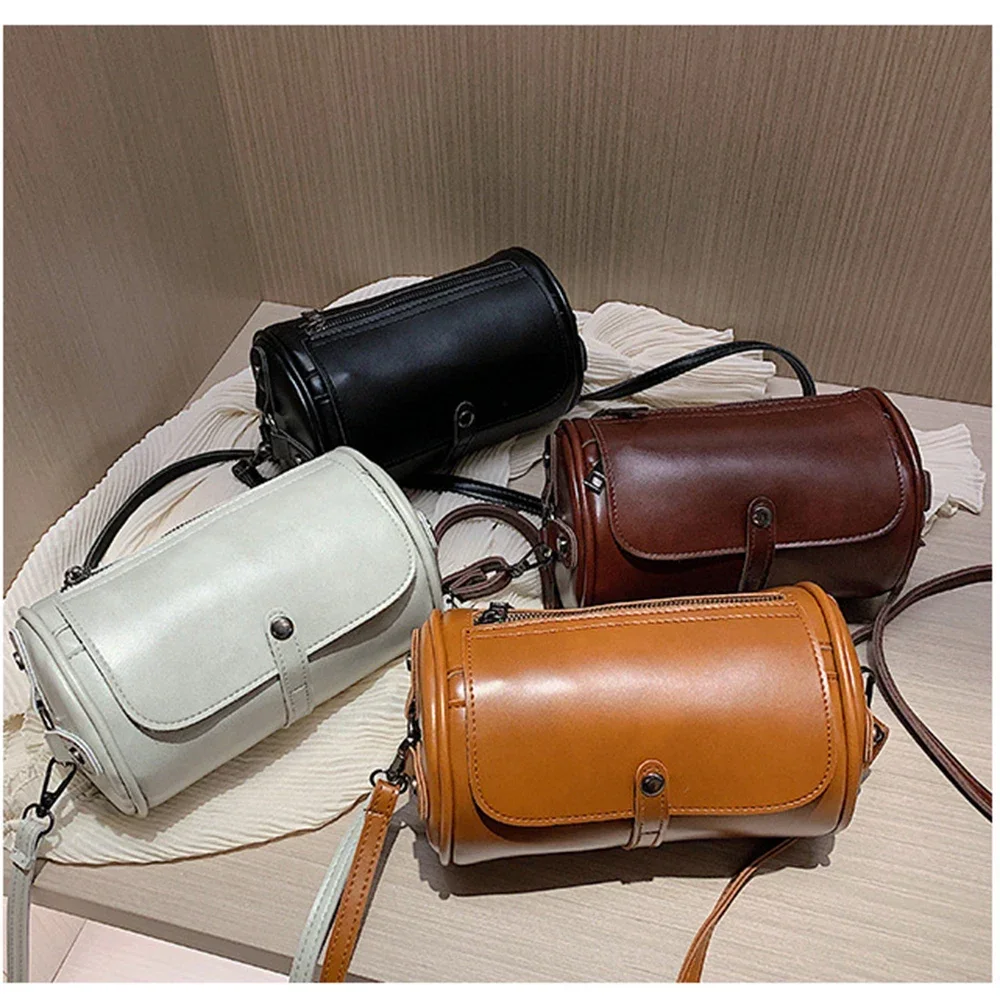 Single Shoulder Bag Fashionable Retro Large Capacity Cylindrical Bag PU Leather Single Shoulder Crossbody Bag