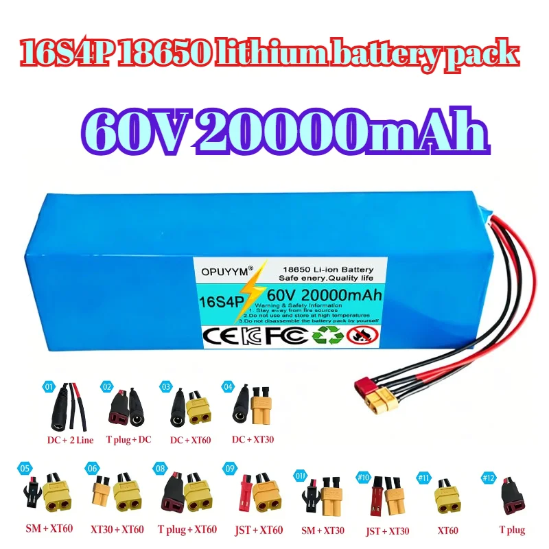 18650 16S4P 60V 20000mAh Lithium Battery Pack, for 2000W Electric Vehicle Battery with Charger, Built-in 50A Battery Manageme