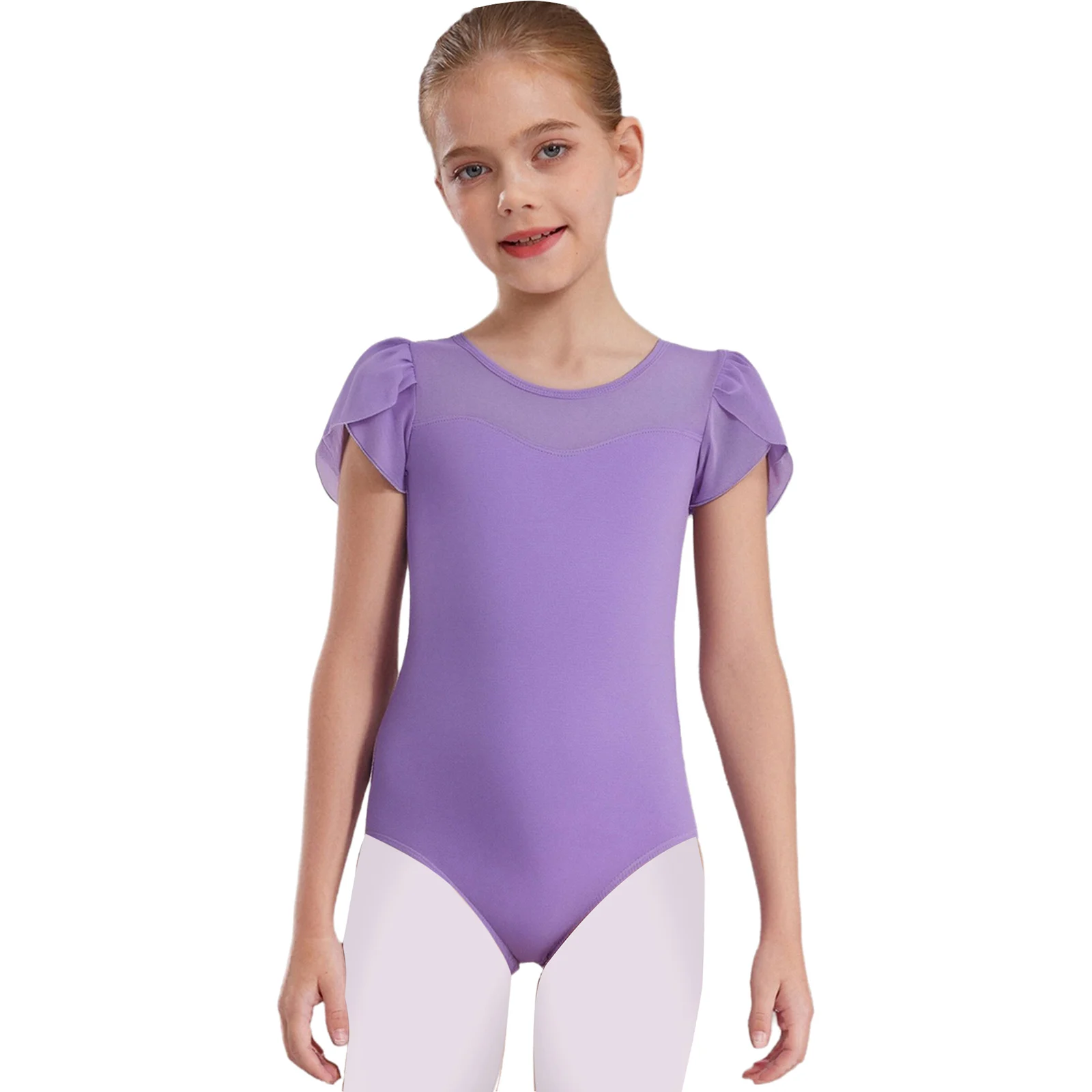 

Kids Girls Ballet Dance Costume Cotton Round Neck Short Petal Sleeves Keyhole Knot Back Sheer Mesh Patchwork Gymnastics Leotard