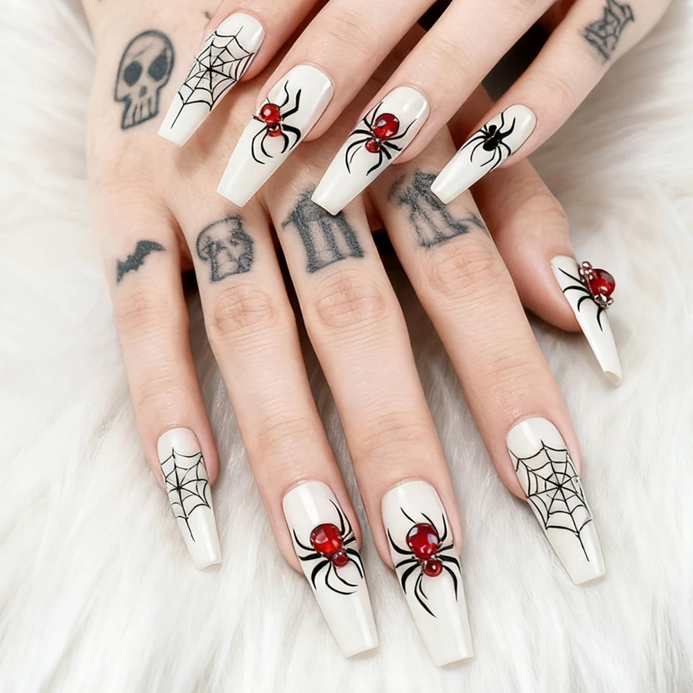 

Halloween Acrylic Fake Nail With Glue Spider Web Patterns Pess On False Nails Tips For Party Woman DIY Manicure Accessory
