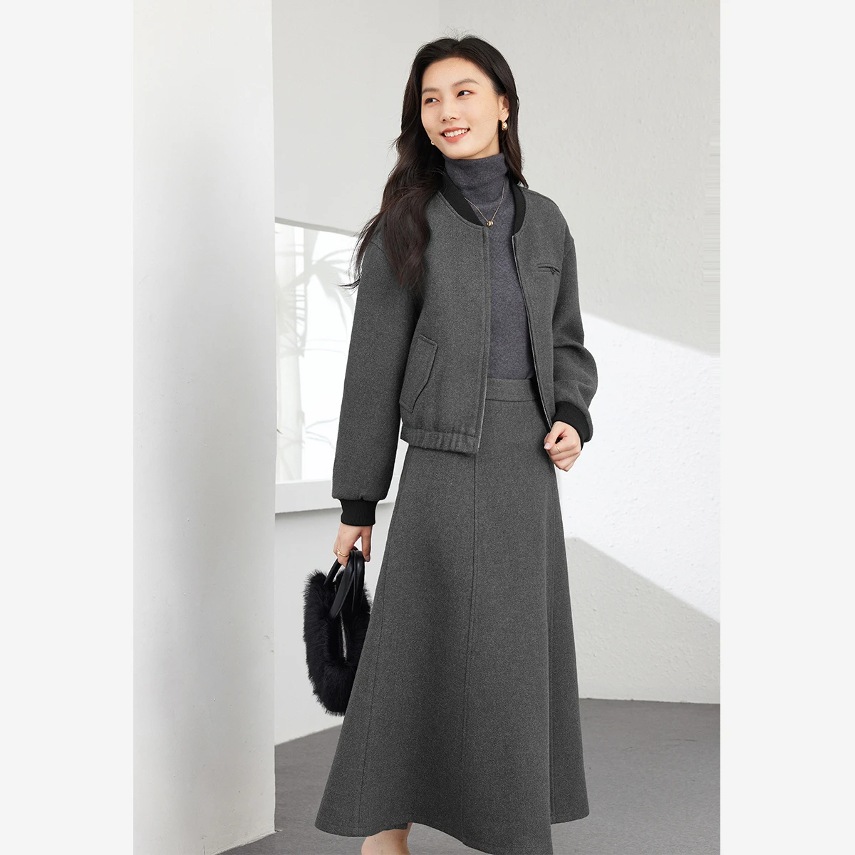 VIMLY Women's Skirt Two-piece Set 2026 Fall Winter Zip Up Padded Baseball Jackets Long Skirts Office Lady Matching Outfit M9168