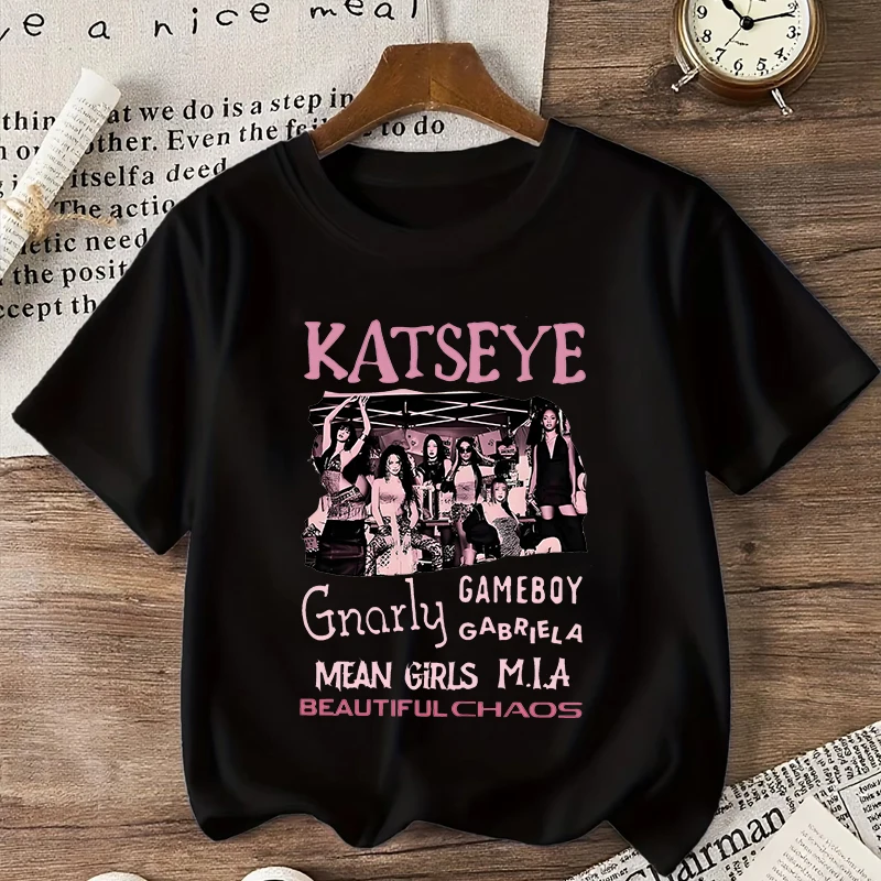 Хлопковая уличная футболка для девочек с принтом Hot Katseye, летняя одежда для детей, футболка с короткими рукавами для девочек, модные детские топы