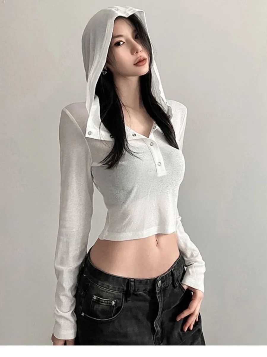 هودي نسائي عصري بأكمام طويلة بتصميم رقيق يكشف البطن، ملابس صيفية بيضاء للحماية من الشمس ومقاومة للشيخوخة