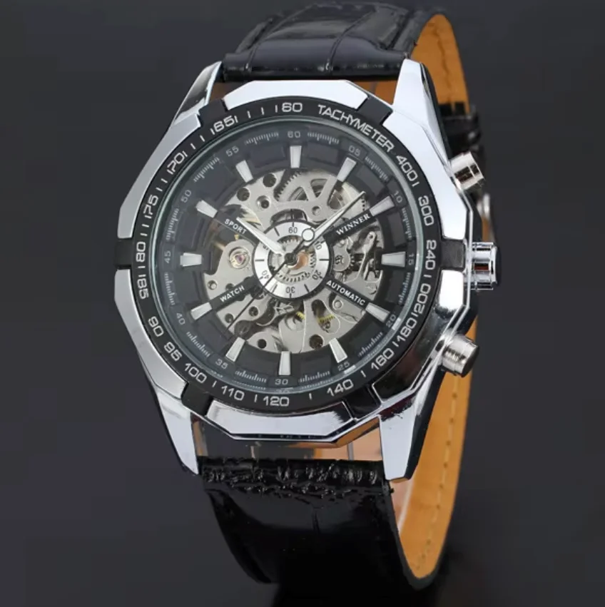 WINNER Men Famous Brand Watches  Mechanical Self Wind Wrist Watch Fashion Sports Hombre Leather Strap Mechanical Watch
